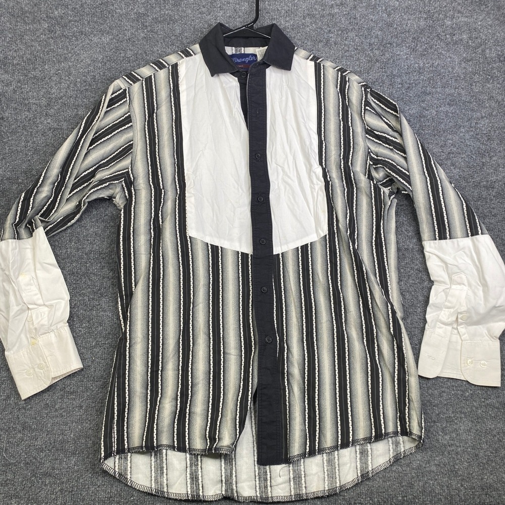Vtg Wrangler Long Tails Mens Striped Western Bib Shirt Black White 15.5 x 34 M
